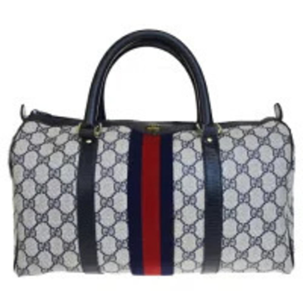 Gucci Sherry Handbag Boston GG Interlocking Navy Blue Red Leather